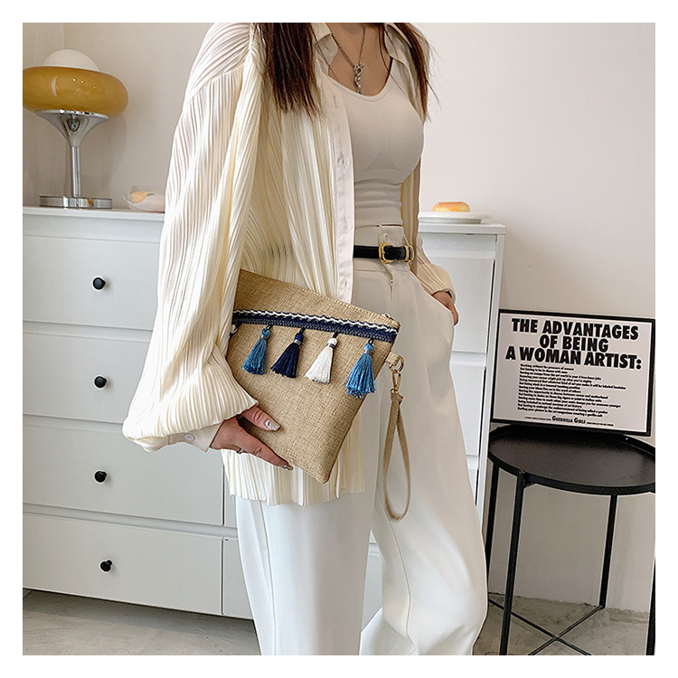 Vacation Style Square Shape Small Size Red Blue Straw Tassel Solid Color Square Evening Bags
