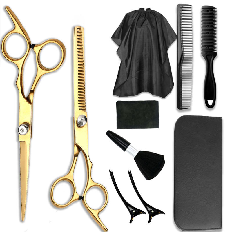 Tijeras de peluquería de acero inoxidable, juego de tijeras de peluquería de oro negro de 6 pulgadas, tijeras planas, tijeras de adelgazamiento, tijeras de corte