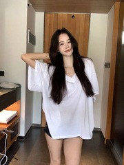 26支純棉面料 露肩休閒慵懶基礎款夏季慵懶風V領寬鬆百搭顯瘦上衣