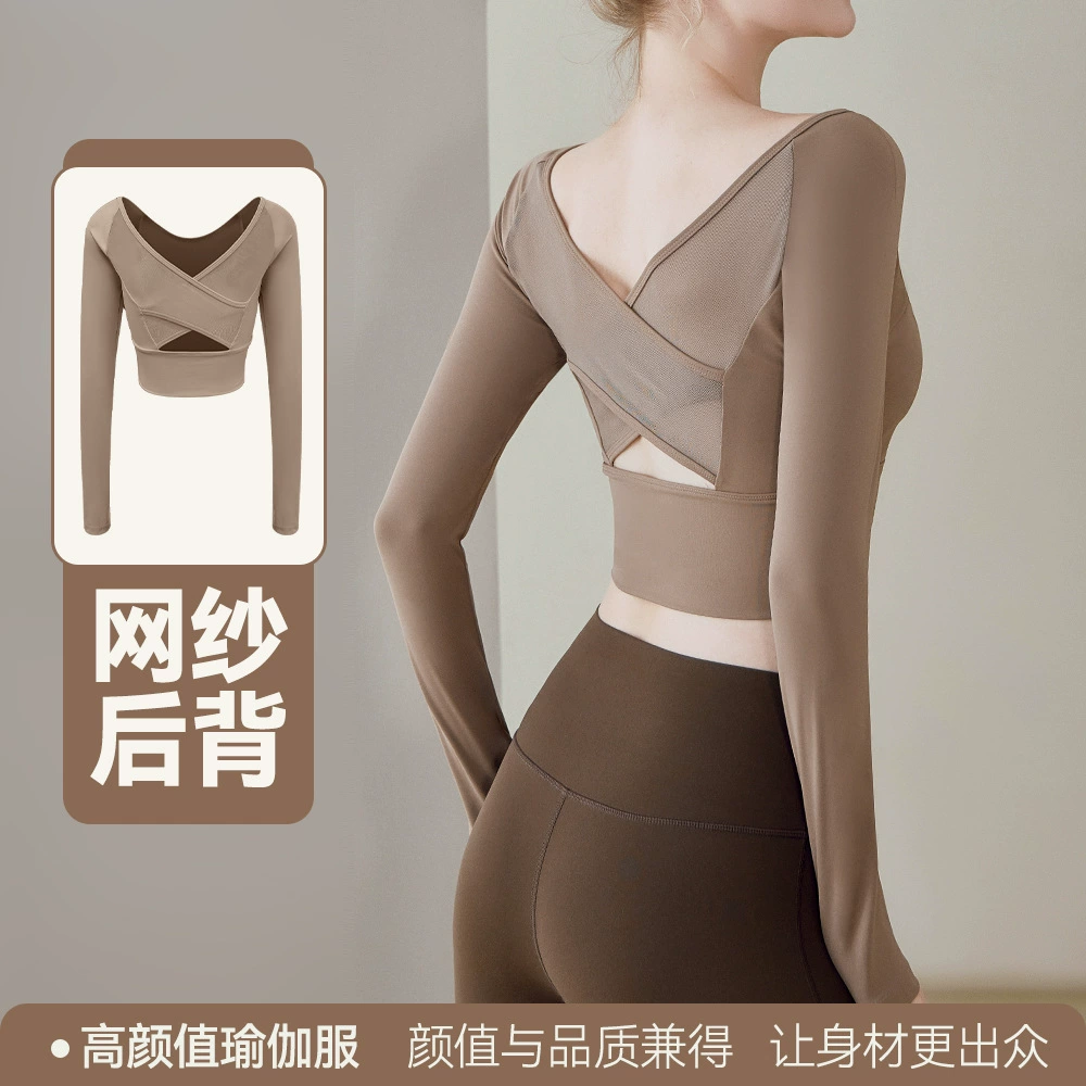 Одежда для йоги для женщин на осень и зиму, новые спортивные топы для фитнеса с длинным рукавом и перекрестной спинкой из сетчатой ткани для занятий на открытом воздухе.