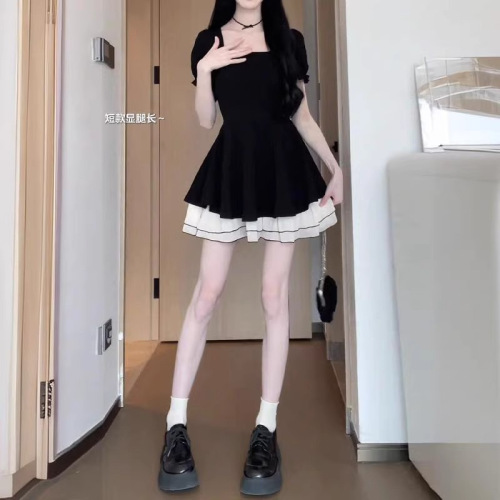 Hollywood Glam Black Dress for Women - Summer 2025, Tea Party French Style, Petite, Fitted Princess Puffed Short Skirt