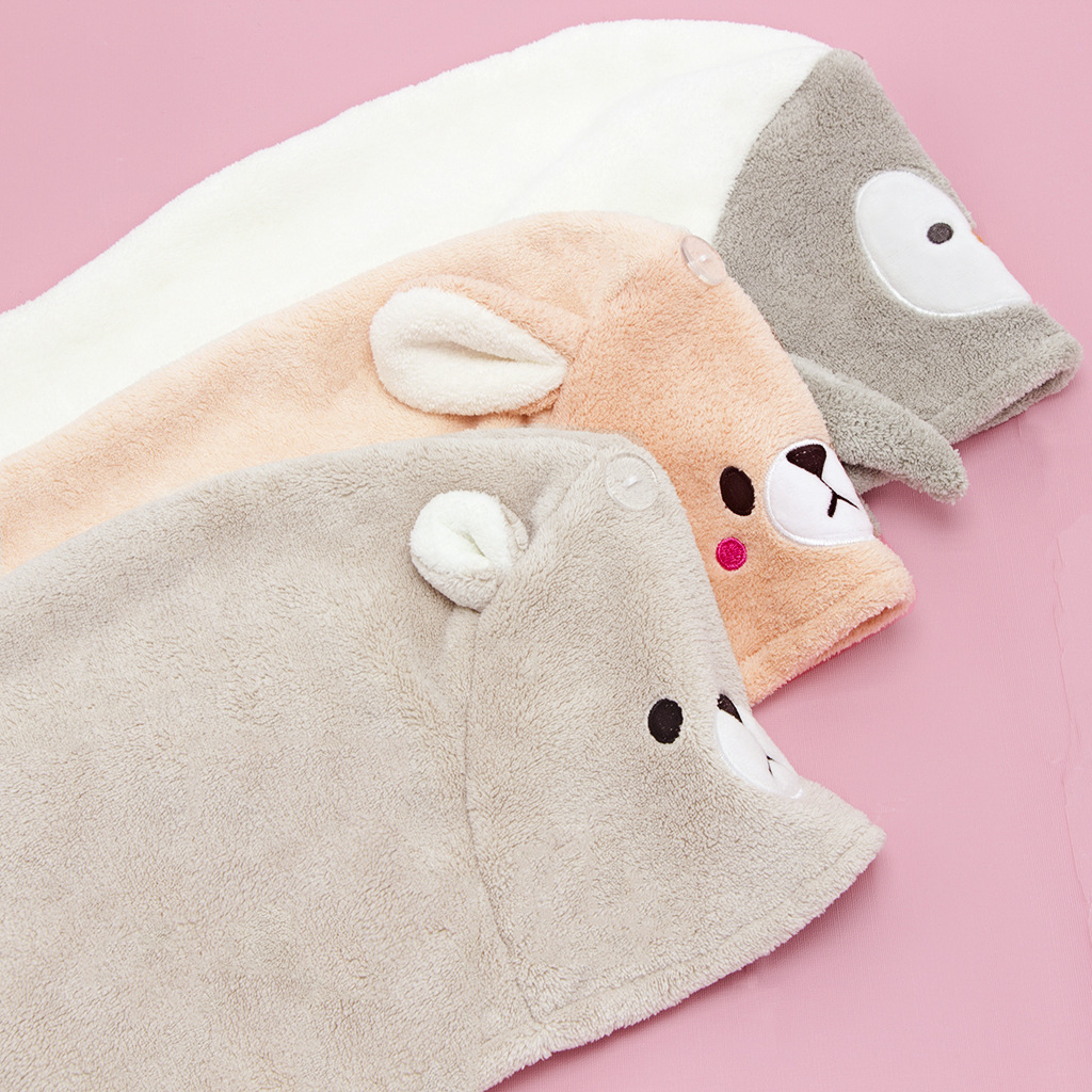 Coral velvet dry hair towel for women, soft and absorbent, thick and cute cartoon embroidered adult bath cap, animal dry hair hat for women