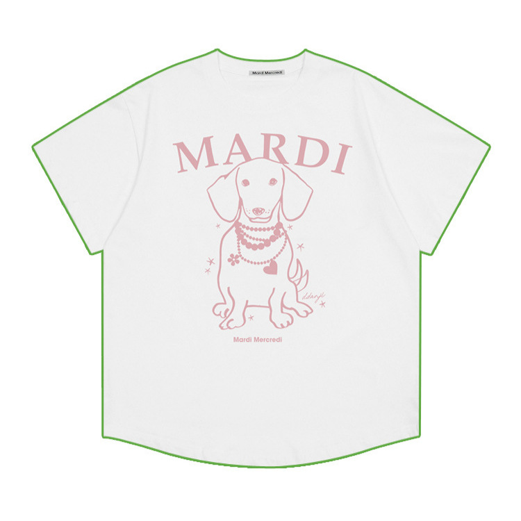 韓国マルディ Tシャツダックスフントレタープリントルーズカジュアルラウンドネック半袖 Tシャツトップ女性用