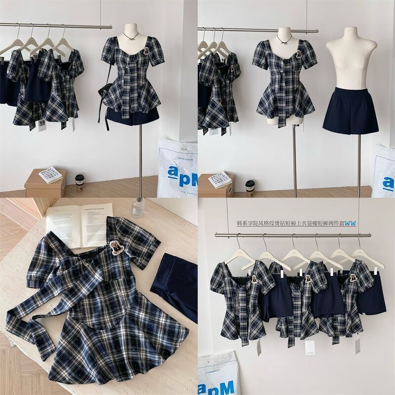 Ins Niche Versatile Tops Preppy Bow Short-Sleeved Slim Shorts Suit Korean Retro Style Sexy