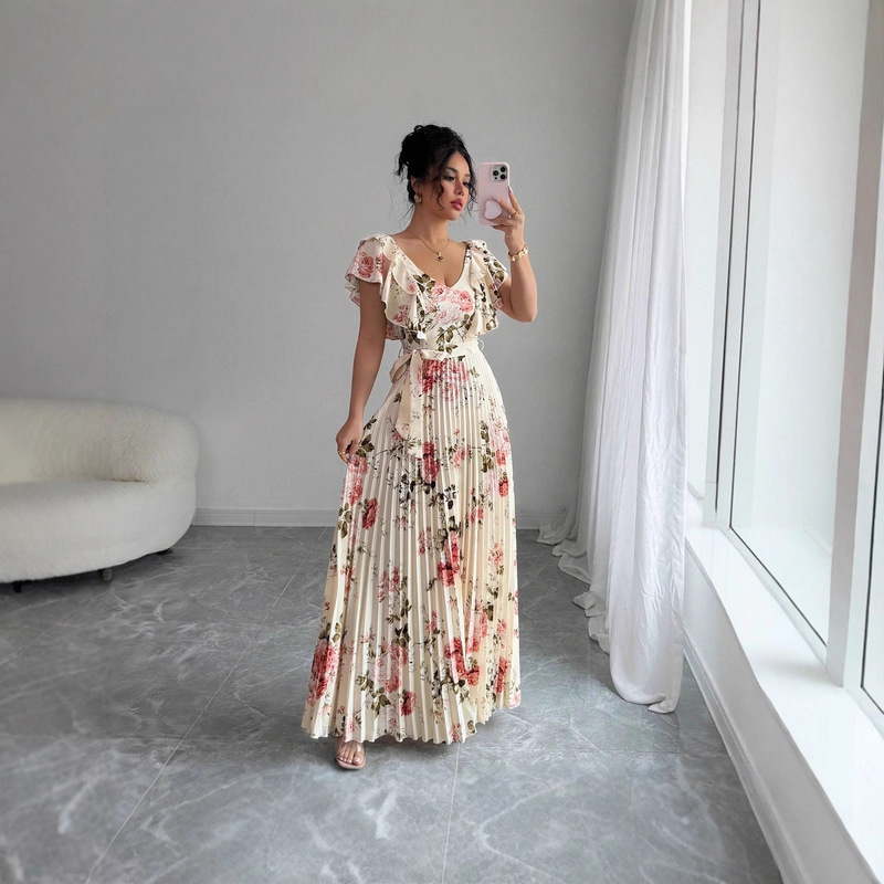 2025 Summer Flower Print Lotus Sleeve V-Neck Long Dress European and American Foreign Trade Style Elegant Romantic Pleated Dress