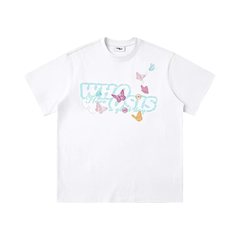WHOOSIS(名前不明) フレッシュバタフライ 半袖Tシャツ プリント トレンド ブランド ゆったり ヘビーウェイト キャンパス カップル リネン