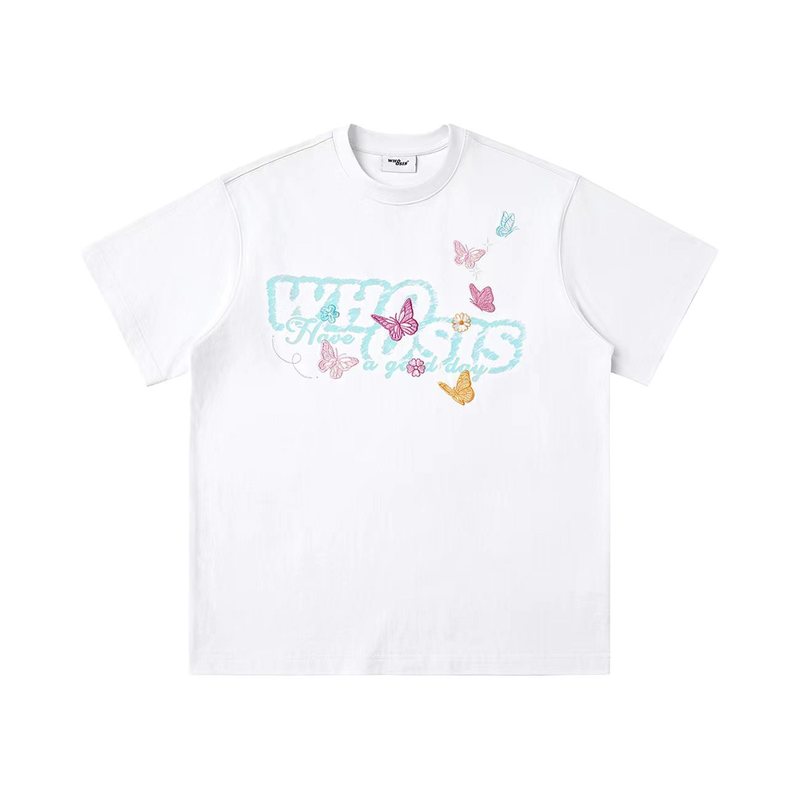 WHOOSIS(名前不明) フレッシュバタフライ 半袖Tシャツ プリント トレンド ブランド ゆったり ヘビーウェイト キャンパス カップル リネン|undefined