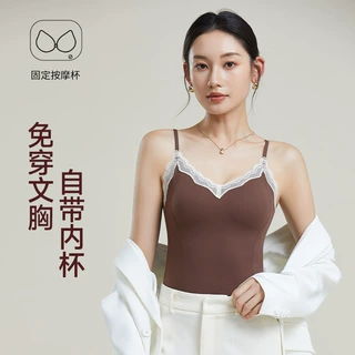 秋冬纯欲法式磨毛保暖吊带背心女带胸垫V领蕾丝边内搭打底上衣