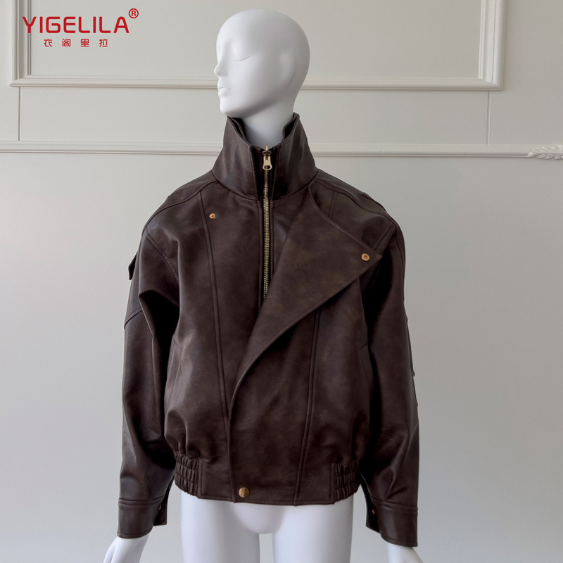 Pu Bubble Leather Short Coat Leather Jacket Vintage Top Street Style Fashion Leather Clothes Lapel Motorcycle Jacket 91565