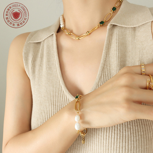 Gentle temperament retro style emerald zircon freshwater pearl splicing necklace niche personalized bracelet jewelry set