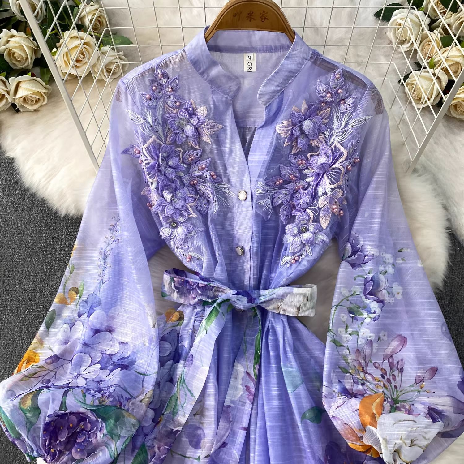 Elegant Floral Embroidered Maxi Dress With Button Front And Tie_voghion.com