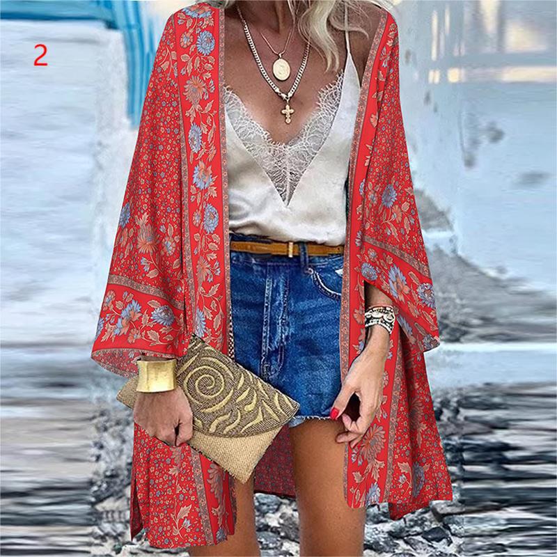 Women's 2024 European and American Cross-border Trend New Casual Fashion Holiday Bat Long Sleeve Cardigan Printed Top