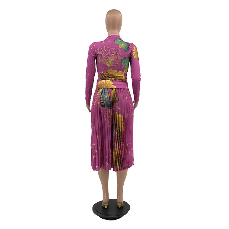 Damenbekleidung Mode Damenbekleidung Herbst und Winter neue Mode bedruckter plissierter Rockanzug mit hoher Taille_voghion.com