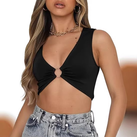 Cross-Border Summer New Women's Fashion European and American Style Sexy Sleeveless Top Solid Color Tight-Fitting Hollow-Out Crop Top V-Neck Tank Top
