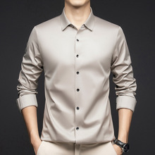春秋季新款男士高档衬衫纯色商务经典基础款桑蚕丝衬衣男一件代发