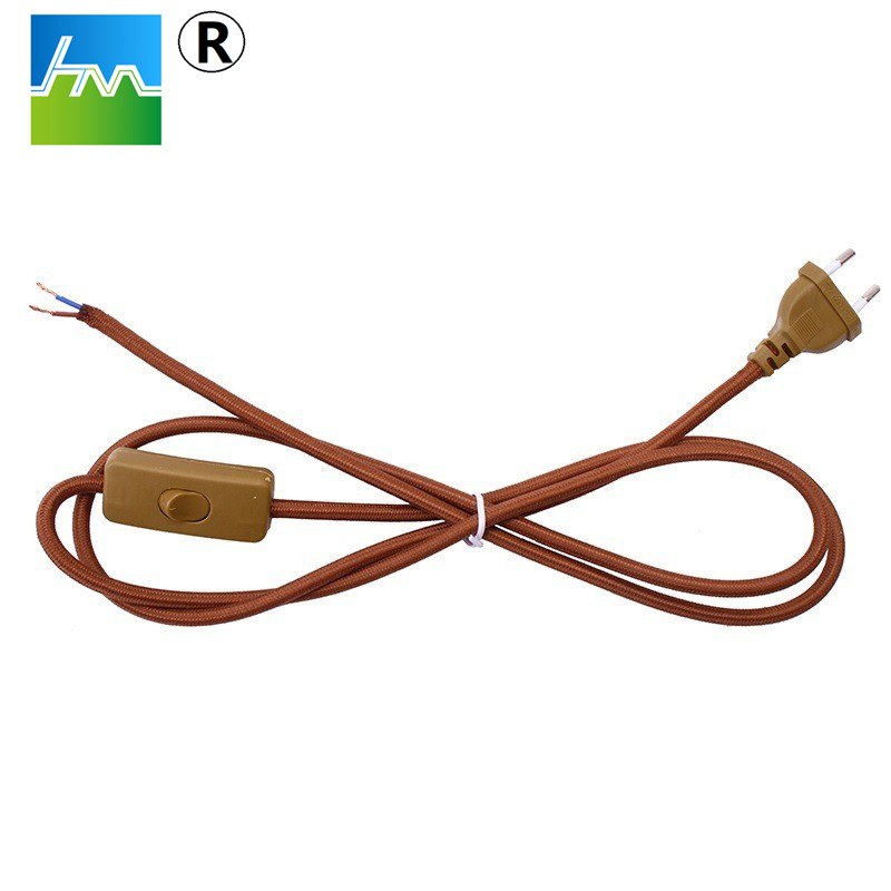 工厂供应 欧规电源线 欧规两圆插带303翘班开关电源线 泥黄编织线