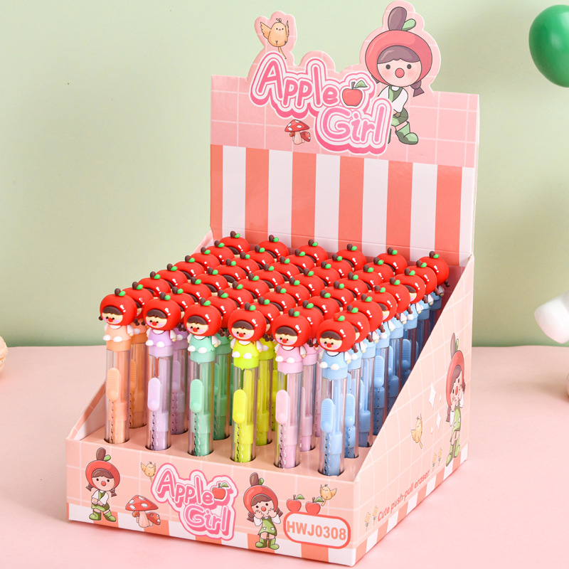 Caricaturas lindas manzanas más y más hermanas empujar y tirar borradora lápiz de estiramiento empujar borradora estudiantes de papelería al por mayor