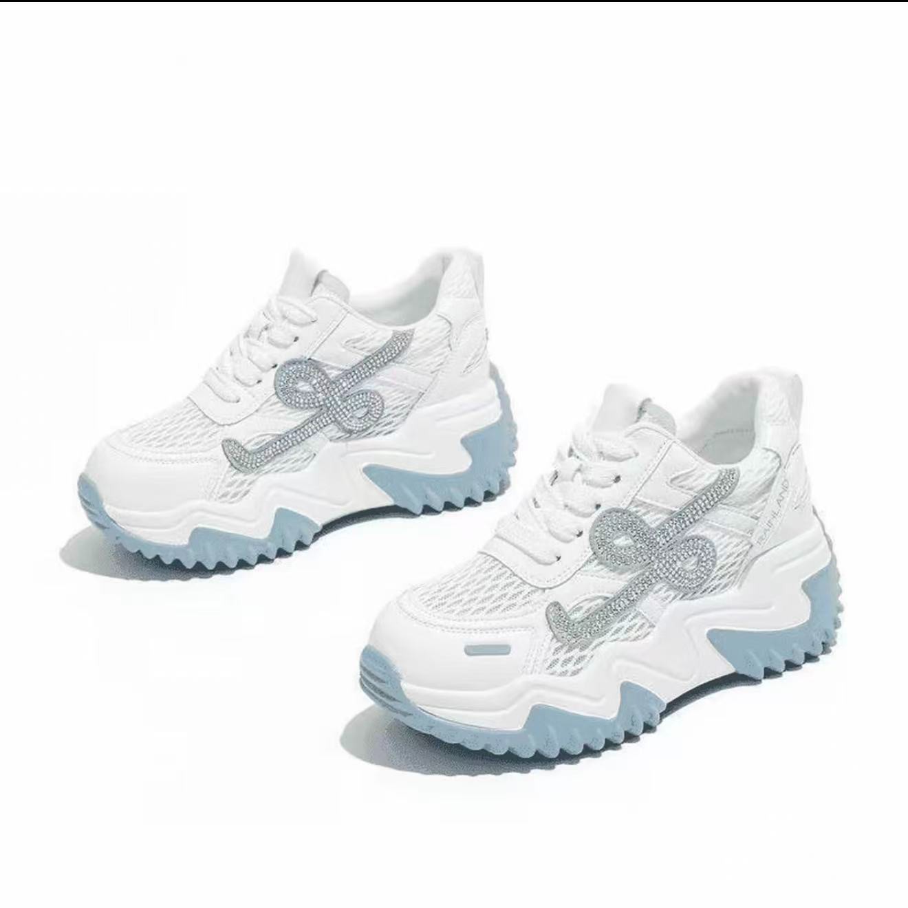 2026 primavera y verano nuevos zapatos casuales de diamante de color contrastante, zapatos de malla gruesa, zapatos de papá, zapatos deportivos de mujer
