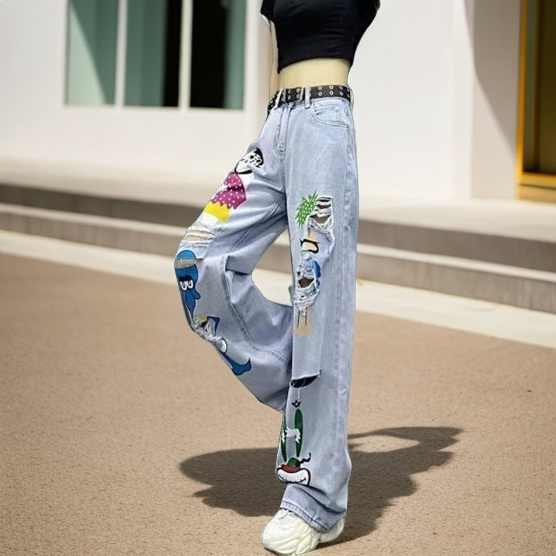 2026 Spring/Summer New Trend European Style Retro Cartoon Print Distressed Light-Colored Jeans Versatile Fashion Wide-Leg Pants 2026 Spring/Summer New Trend European Style Retro Cartoon Print Distressed Light-Colored Jeans Versatile Fashion Wide-Leg Pants