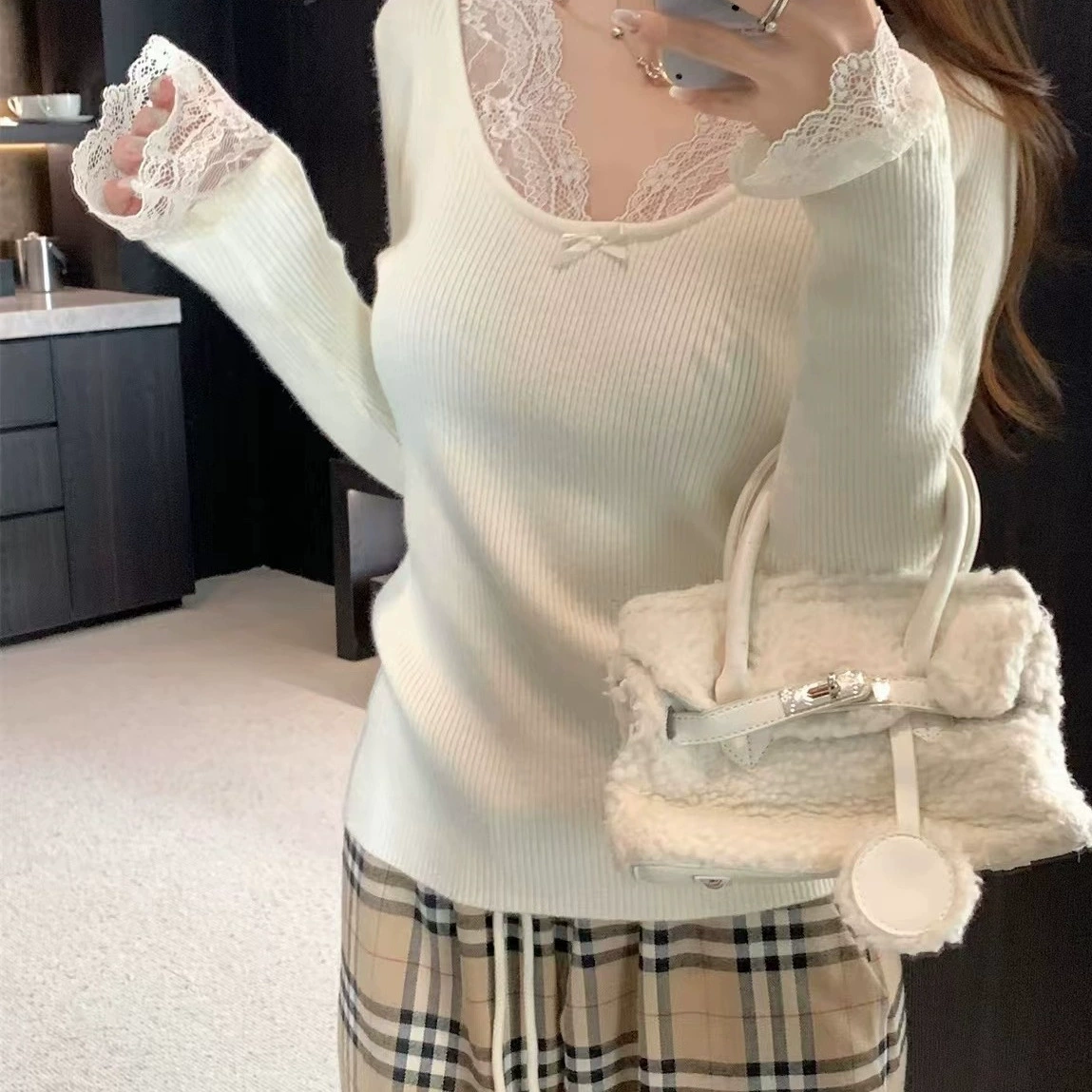 Чистый ветер кружевной сшитый трикотаж женский осенний и зимний новый тонкий тонкий, тонкий и сексуальный нижний свитер топ
