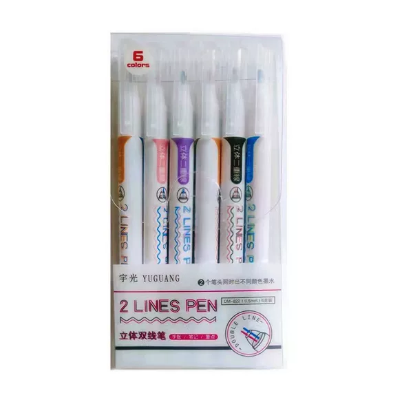 Three-Dimensional Double-Line Handbook Pen Ins Design Student Handwritten Newspaper Artistic Word Key Mark Highlighter 6 Colors