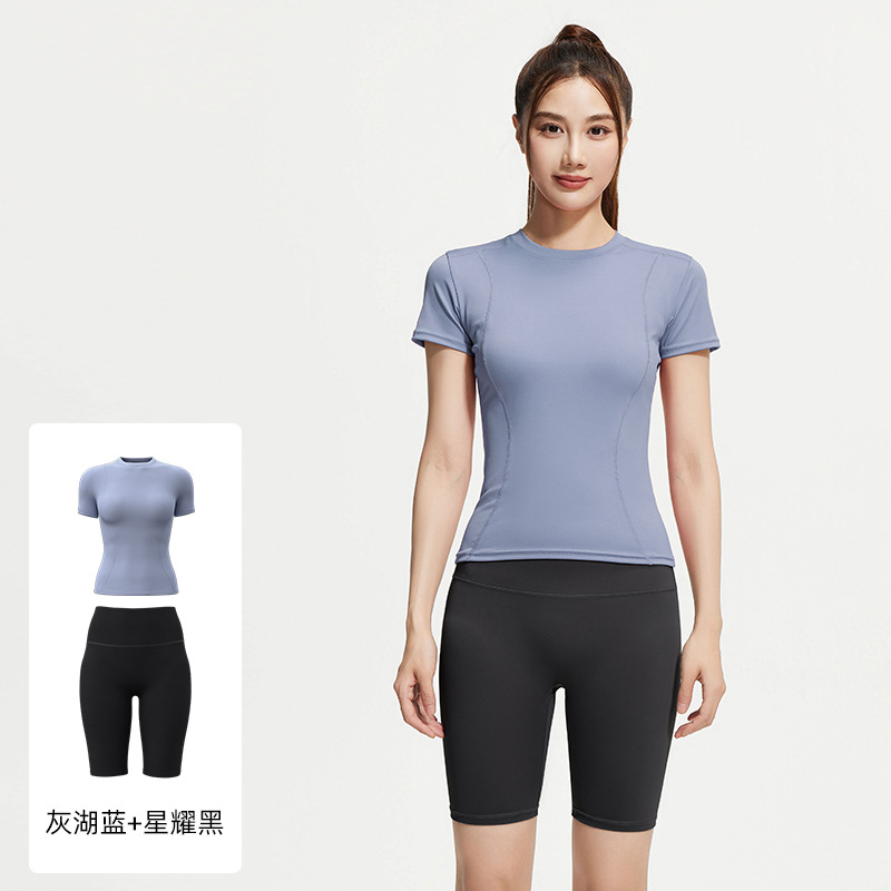 Juyi Tang verano yoga camisa de mangas cortas para mujeres delgada secado rápido y transpirable ajuste deportivo para correr y fitness set