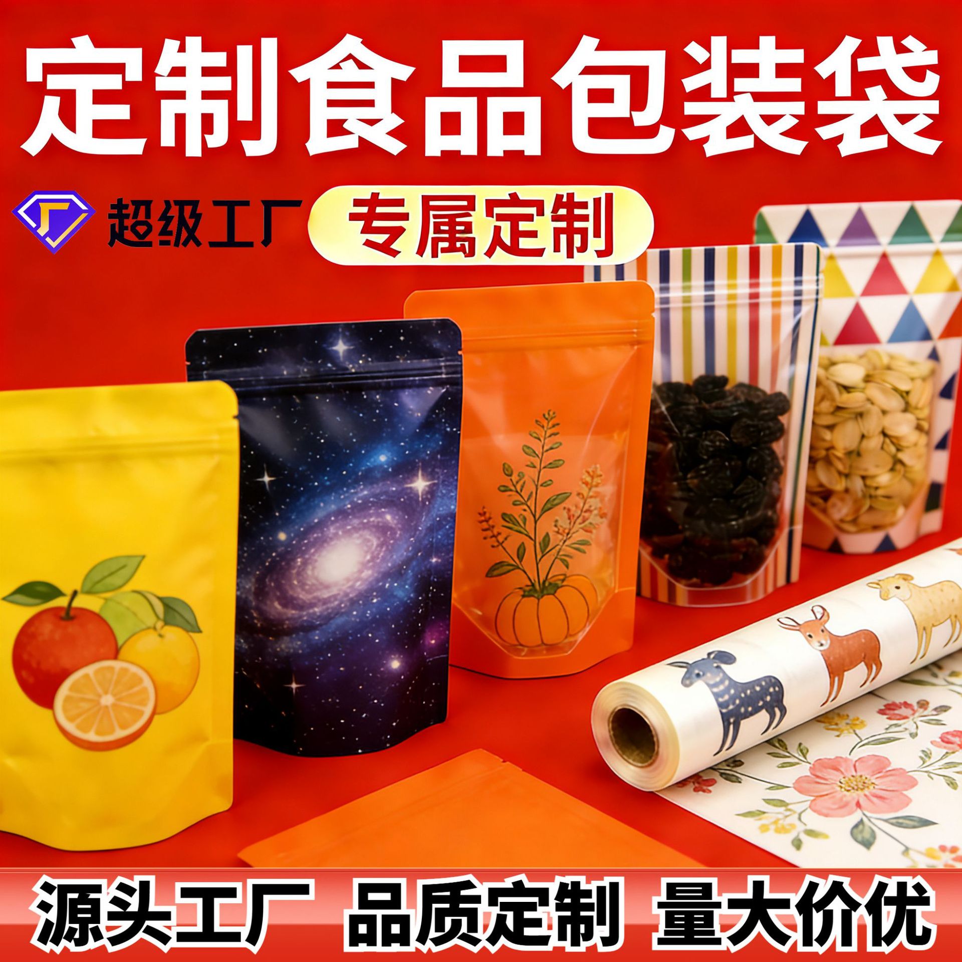 真空食品包装袋塑料卷膜铝箔袋牛皮纸自立自封袋小批量定制印刷
