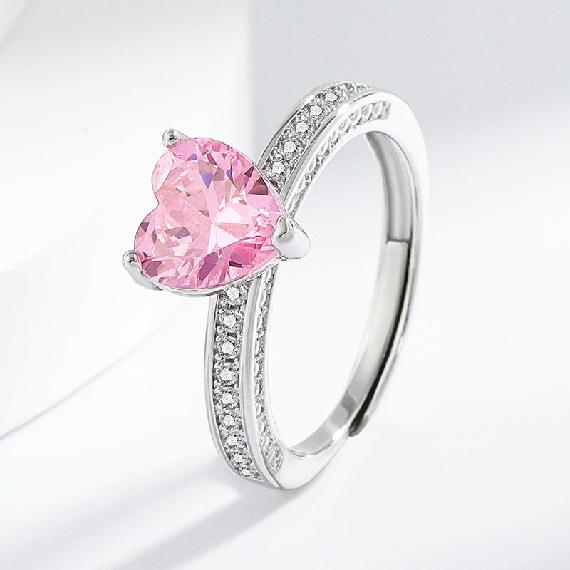 Southeast Asia Tiktok Live Broadcast Hot Selling Pink Diamond Heart Zircon Ring Ladies Engagement Cross-Border Jewelry Ring Wholesale
