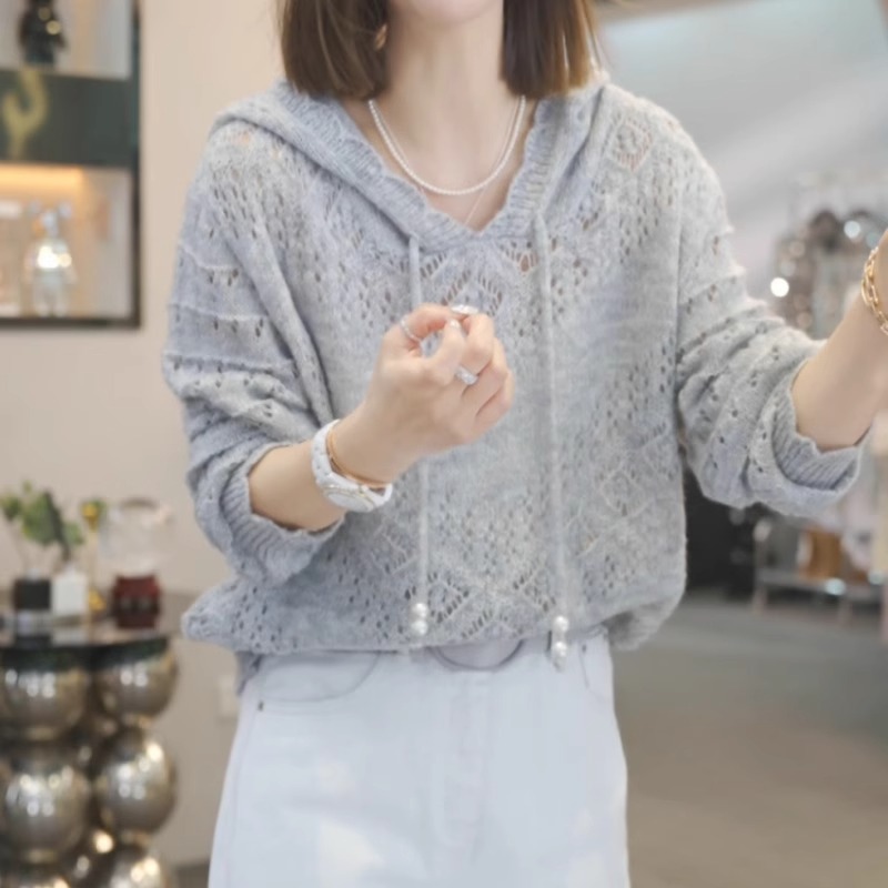 女性のためのかぎ針編み中空フード付きセーター 2025 春と秋の新しいルーズで多用途なレイジーデザインのセータートップ|undefined
