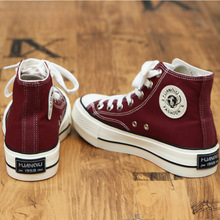 环球厚底高帮女鞋帆布鞋百搭女款红色2025春季新款休闲酒红板鞋子