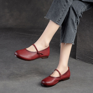 Shanghai Jiewan 2023 Spring New Flats-Soled Low-Top Spot Polished Retro Style Front Buckle Flats for Women with Artistic Style