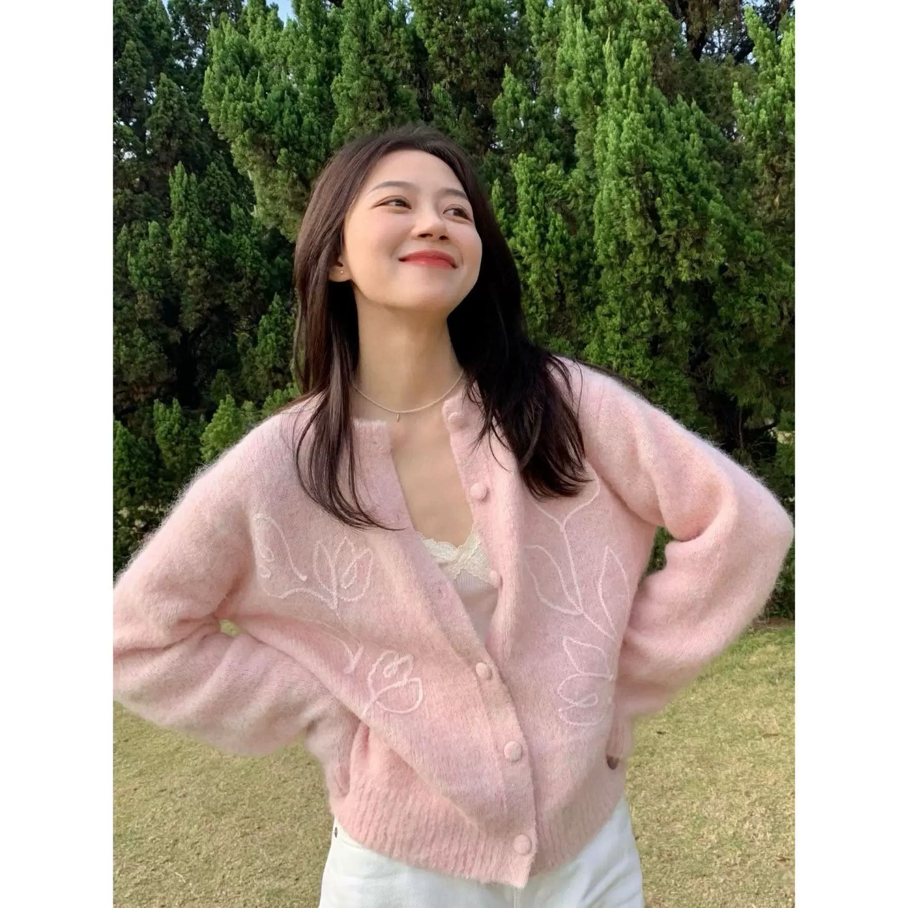 四媛小庭花郁金香刺绣羊驼毛圆领温柔风针织开衫毛衣女25秋冬1133