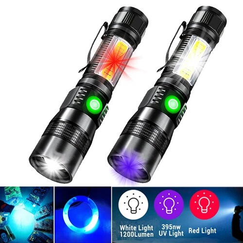 New USB rechargeable flashlight UV Scorpion red light purple light bright waterproof 7-function COB flashlight