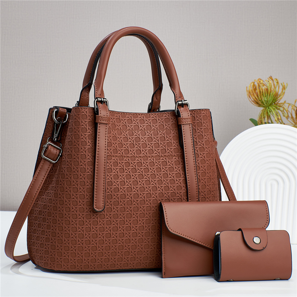 1458g Weight Polyester Lining Material Zipper Closure Type Women's Pu Leather Solid Color Elegant Bucket Zipper Bag Sets