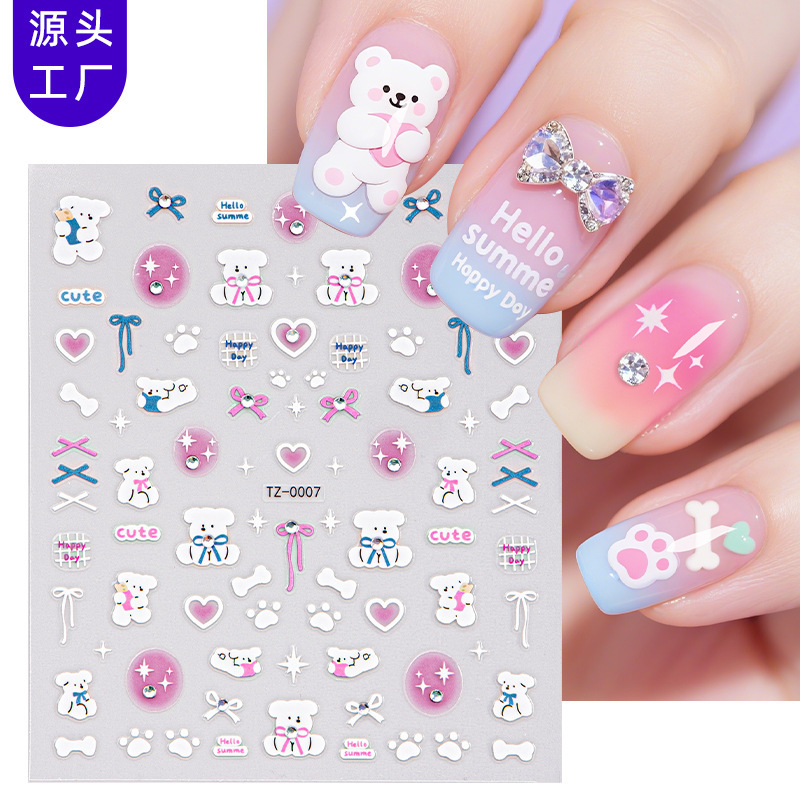 Zhengxiang Internet Celebrity New DIY Nail Stickers 5D Cute Bear Bow Acrylic Real Diamond Ins Style Nail Stickers