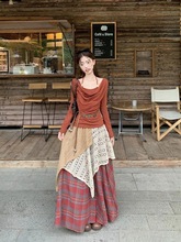 小众不撞款套装女春秋新款民族风褶皱荡领恤搭配字半身裙两件套