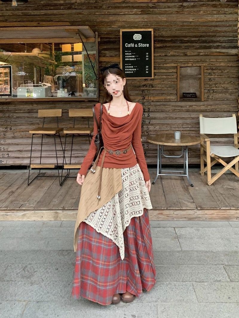 小众不撞款套装女春秋新款民族风褶皱荡领恤搭配字半身裙两件套