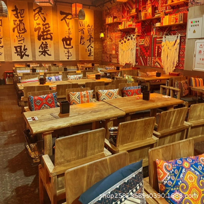 民谣集老榆木桌椅组合酒馆餐桌椅咖啡店烧烤店桌椅实木桌椅|undefined