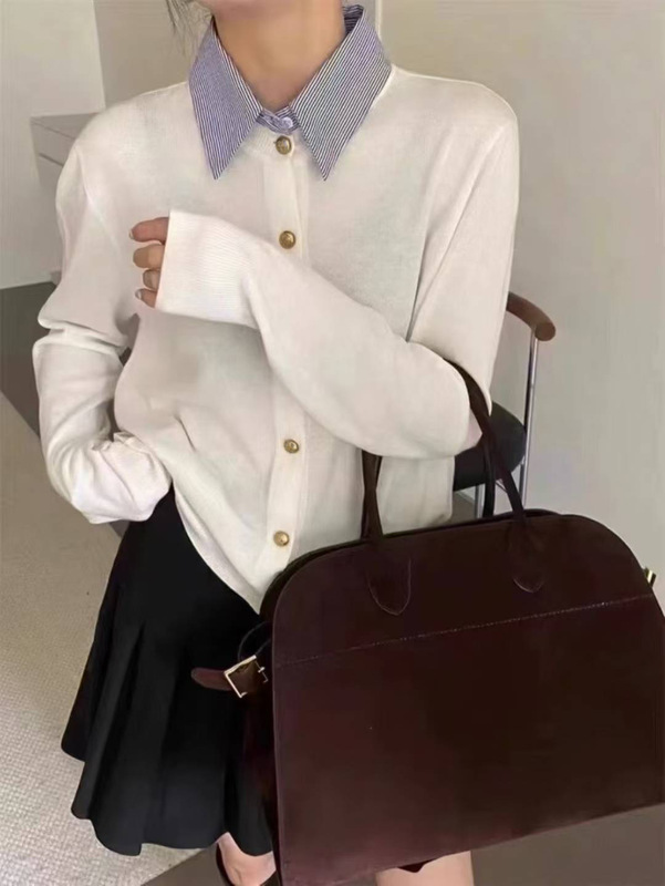 2025秋冬新款撞色拼接假两件针织开衫女宽松百搭显瘦小众毛衣外套|undefined