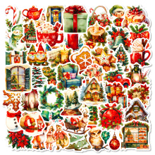 50张24年新品圣诞节日礼物系列贴纸防水复古风装饰水杯电脑贴纸