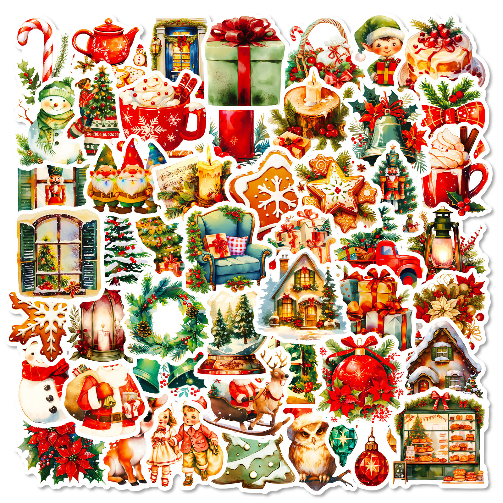 50张24年新品圣诞节日礼物系列贴纸防水复古风装饰水杯电脑贴纸