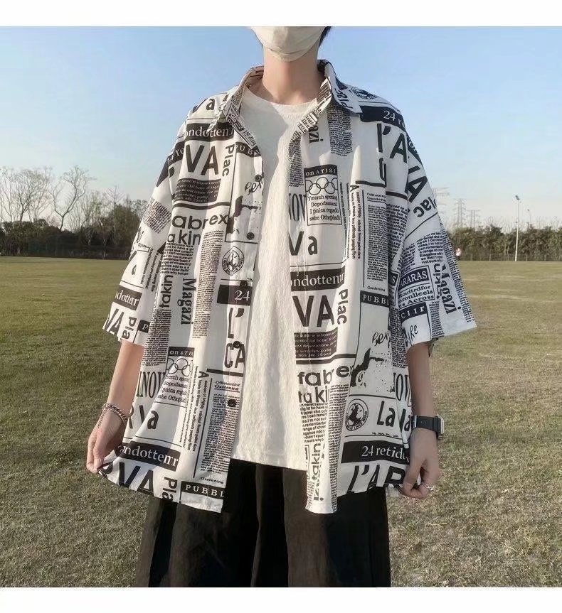 Newspaper Short-Sleeved Shirt for Boys Summer Thin Floral Shirt Trendyy Brand Loose Shirt Korean Style Trendy Three-Quarter Sleeve Jacket