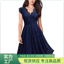 2022跨境连衣裙 亚马逊外贸欧美女式复古蕾丝 V 领无袖鸡尾大摆裙