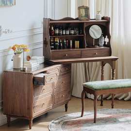 北美黑胡桃木实木梳妆台斗柜一体卧室化妆桌复古化妆台床尾收纳柜