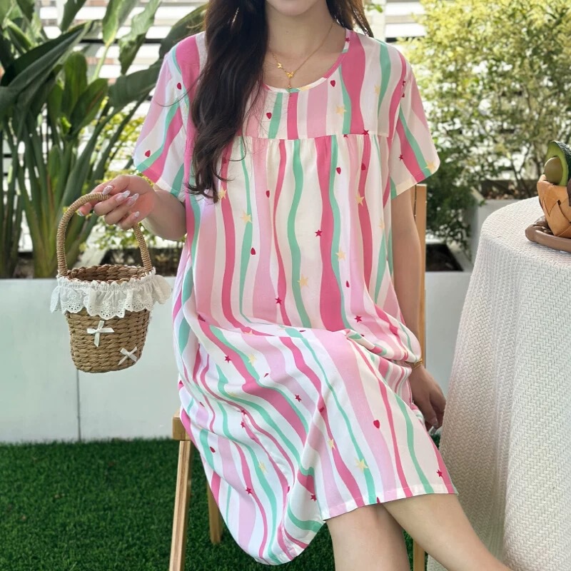 2023 New Women's Cotton Print Dress Short-sleeved Summer Thin Household Outer-wearable Casual Nightdress 2023 New Women's Cotton Print Dress Short-sleeved Summer Thin Household Outer-wearable Casual Nightdress