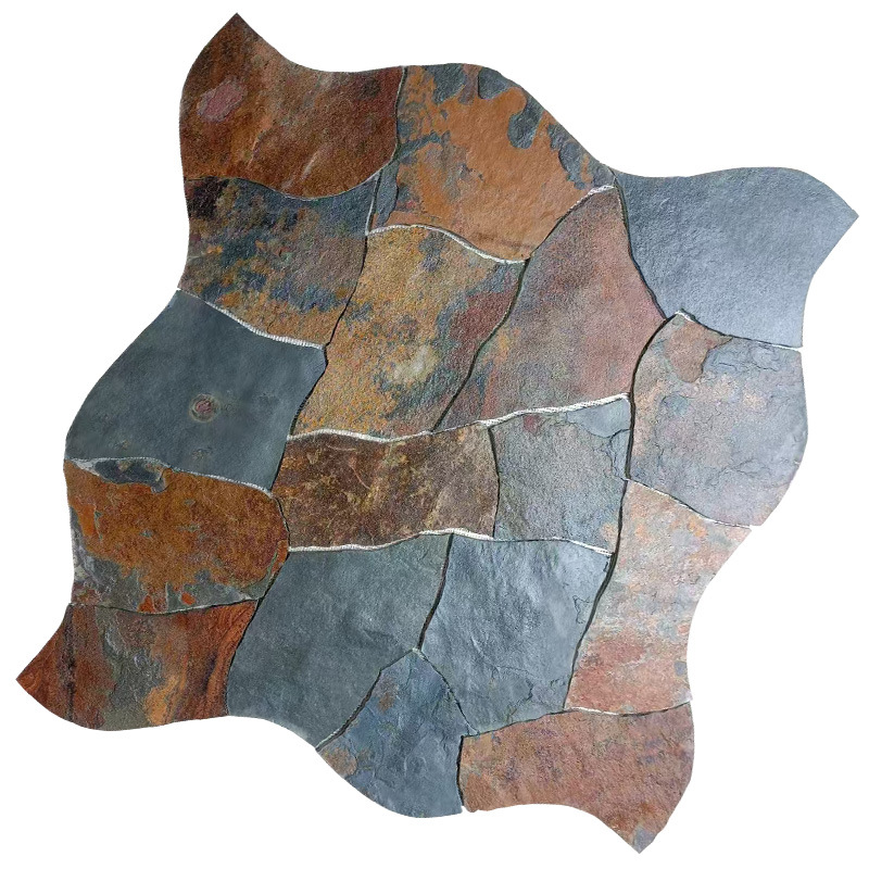 Piedra natural curva ola rompecabezas suelo de patio piedra de pavimento negro ladrillo antiguo pared de fondo interior piedra cultural