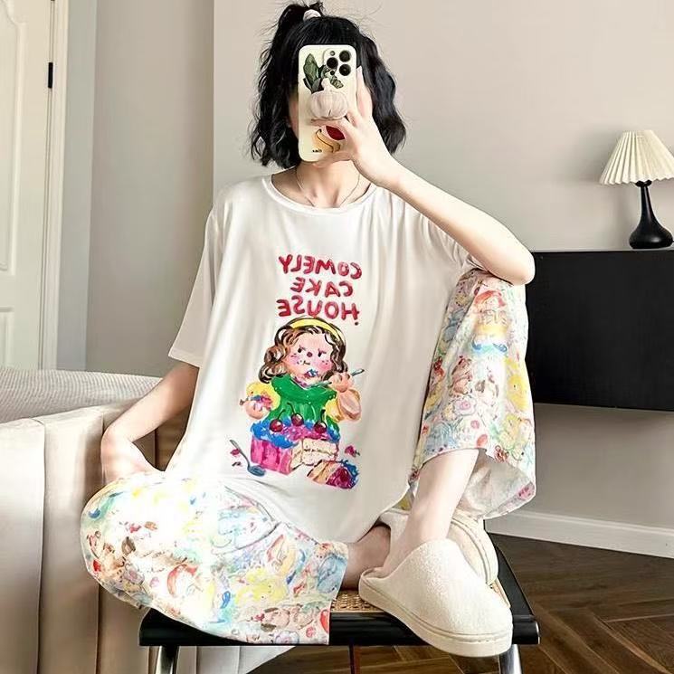 薄款~油画卡通2025年睡衣女夏季短袖长裤大码凉快可爱日系家居服