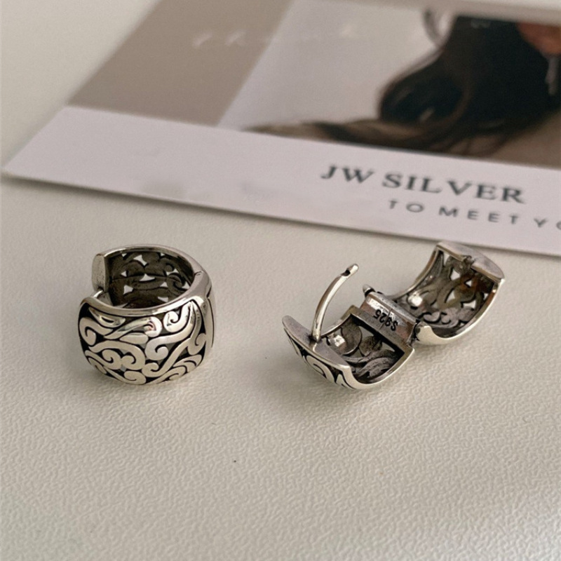 Geometric Circle Earrings Women's Retro Fashion Old Pattern National Tide S925 Silver Plated Pin Ear Buckle Ins Internet Celebrity Earrings