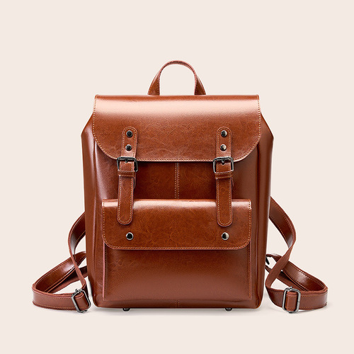 Large Capacity Women's Dual Strap Bag British Style Retro Neutral Double Strap Bag Genuine Leather Durable Calfskin Computer Backpack College Style
