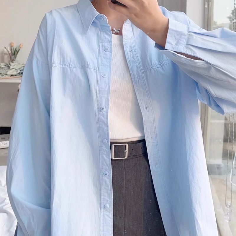 纯棉蓝色衬衫女春秋新款小清新宽松休闲百搭显瘦通勤衬衣外套上衣|undefined